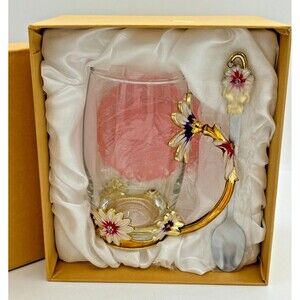 Luxury Glass 12oz Teacup Set Enamel Flower Handle and Base With Teaspoon Coaster